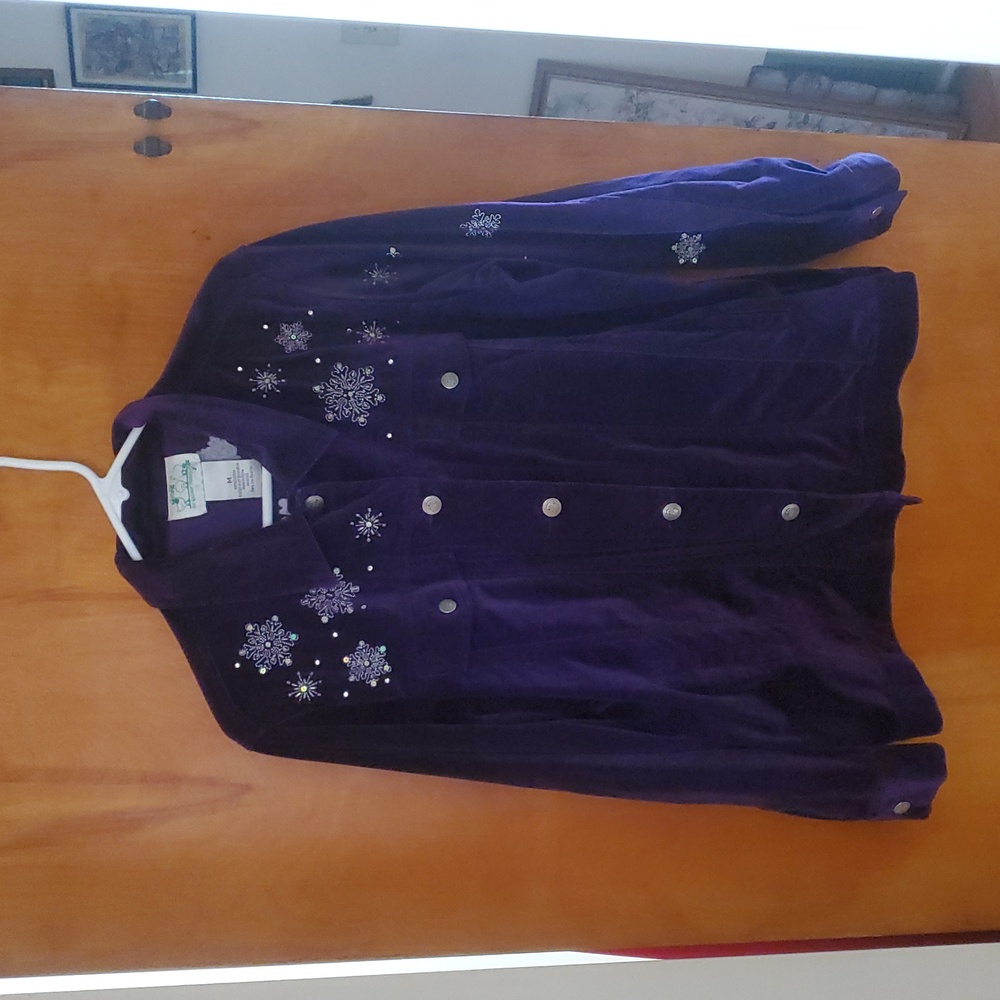 Quacker Factory purple velvet rhinestone Snowman jacket size M